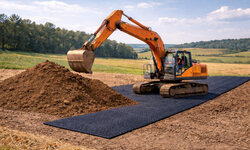 Bagger auf Bodenschutzmatten