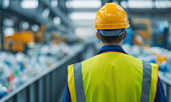 Arbeiter mit Helm in Recyclingbetrieb