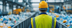 Arbeiter mit Helm in Recyclingbetrieb