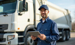 Grenzüberschreitende Abfallverbringung — und DIWASS ab Mai 2026 – technisch und fachlich Disponent vor LKW mit Laptop