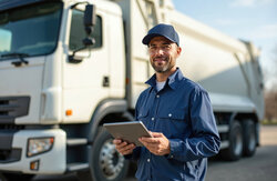 Disponent vor LKW mit Laptop