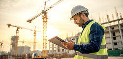 Koordinator mit Sicherheitshelm auf Baustelle