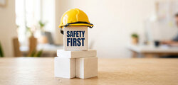 "Safety First", Klötze und Sicherheitshelm