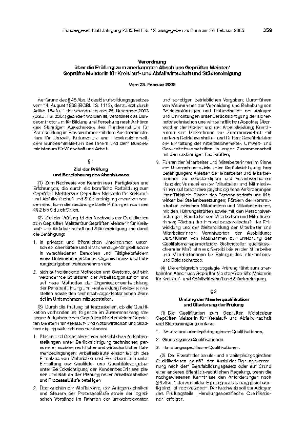 Verordnung über die Prüfung zum anerkannten Abschluss Geprüften Meister/Geprüften Meisterin für Kreislauf-, Abfallwirtschaft und Städtereinigung
